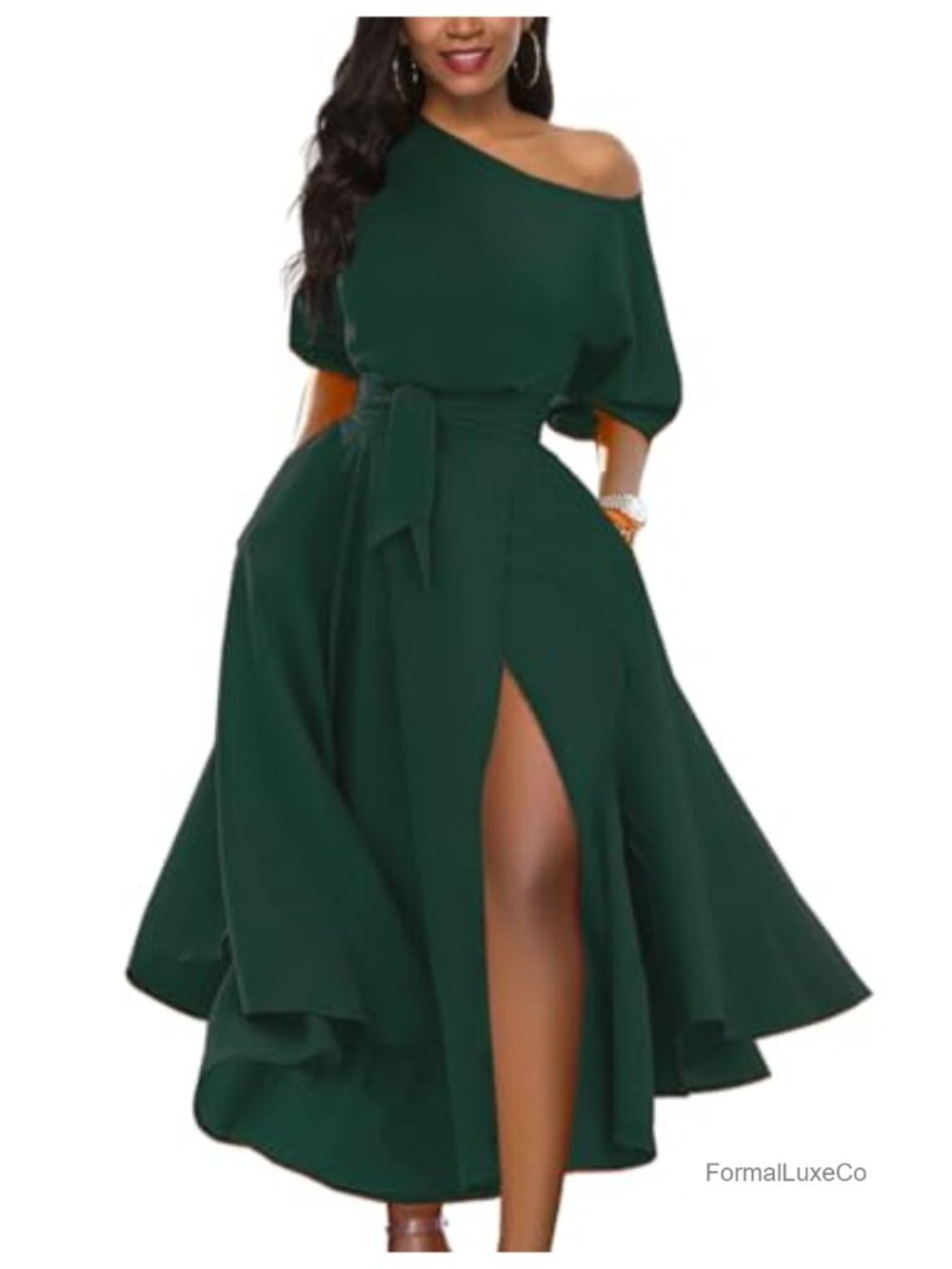 Off Shoulder Short Sleeve Swing Midi Cocktail Dress with Belt